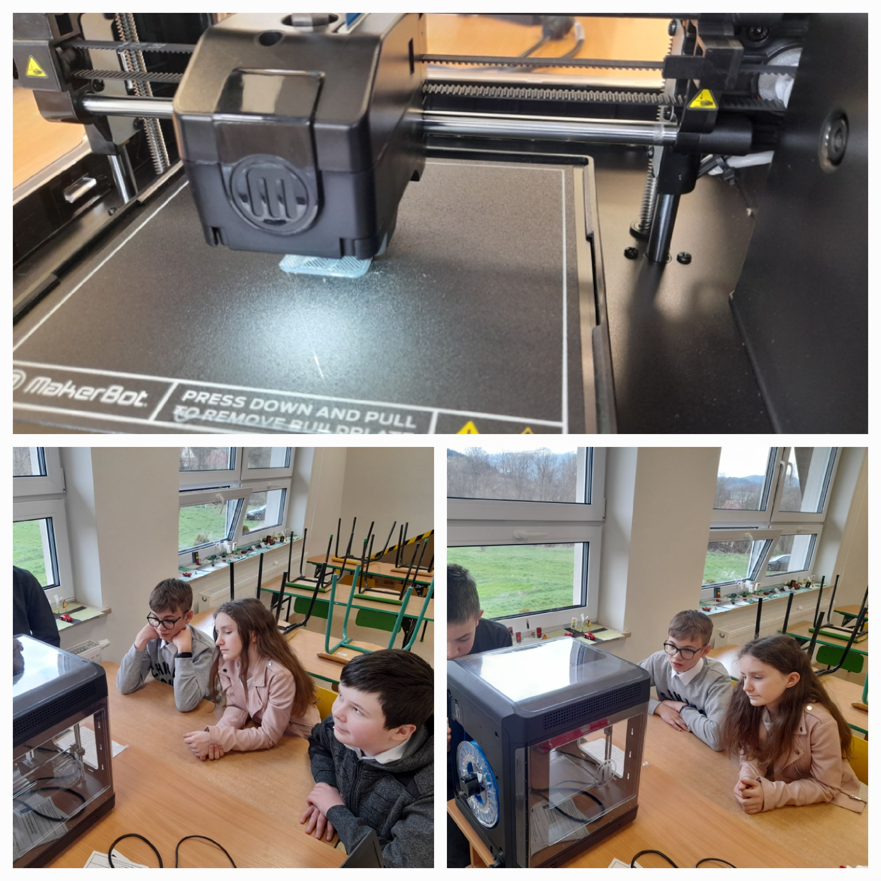 Zdjęcie przedstawia uczniów podczas zajęć z drukarką3D.