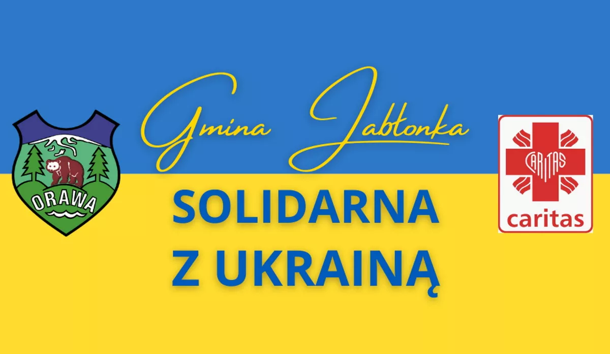 Flaga Ukrainy a na niej napis Gmina Jabłonka Solidarna z Ukrainą